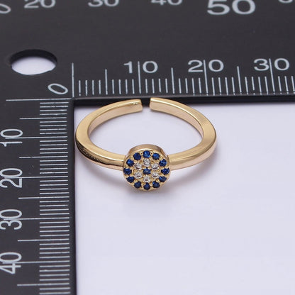 16K Gold Filled Blue Micro Paved CZ Round Evil Eye Adjustable Ring in Gold &amp; Silver | O-1627 O-1628