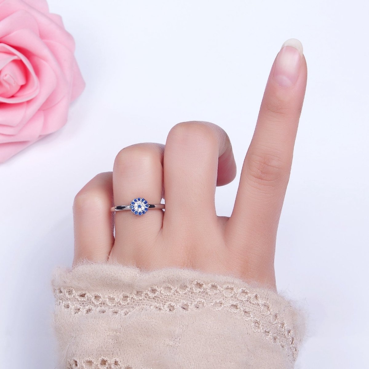 16K Gold Filled Blue Micro Paved CZ Round Evil Eye Adjustable Ring in Gold &amp; Silver | O-1627 O-1628