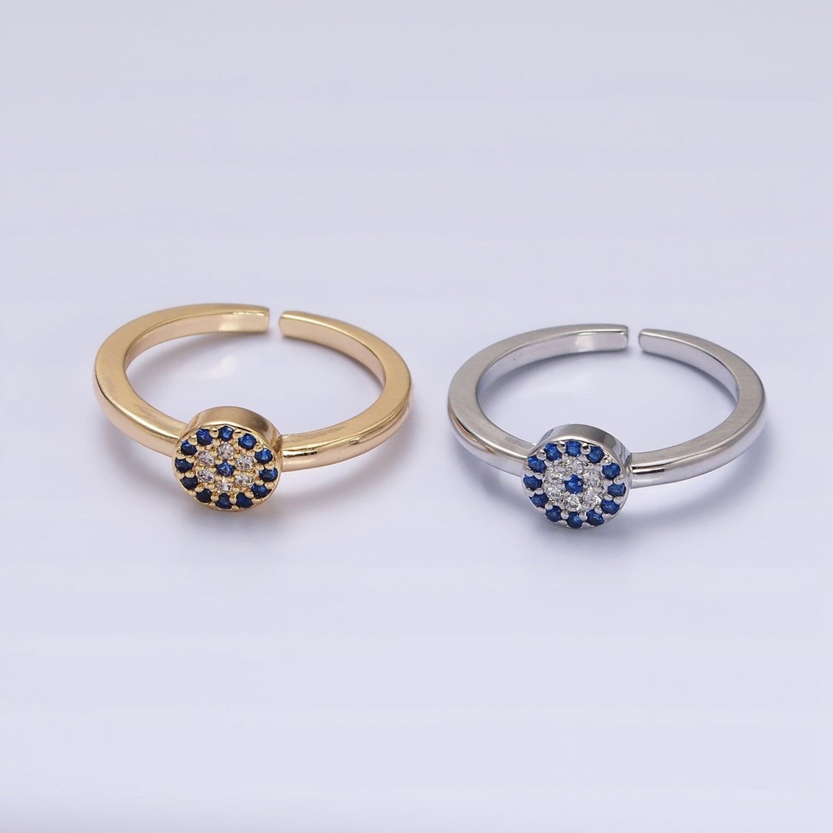 16K Gold Filled Blue Micro Paved CZ Round Evil Eye Adjustable Ring in Gold &amp; Silver | O-1627 O-1628