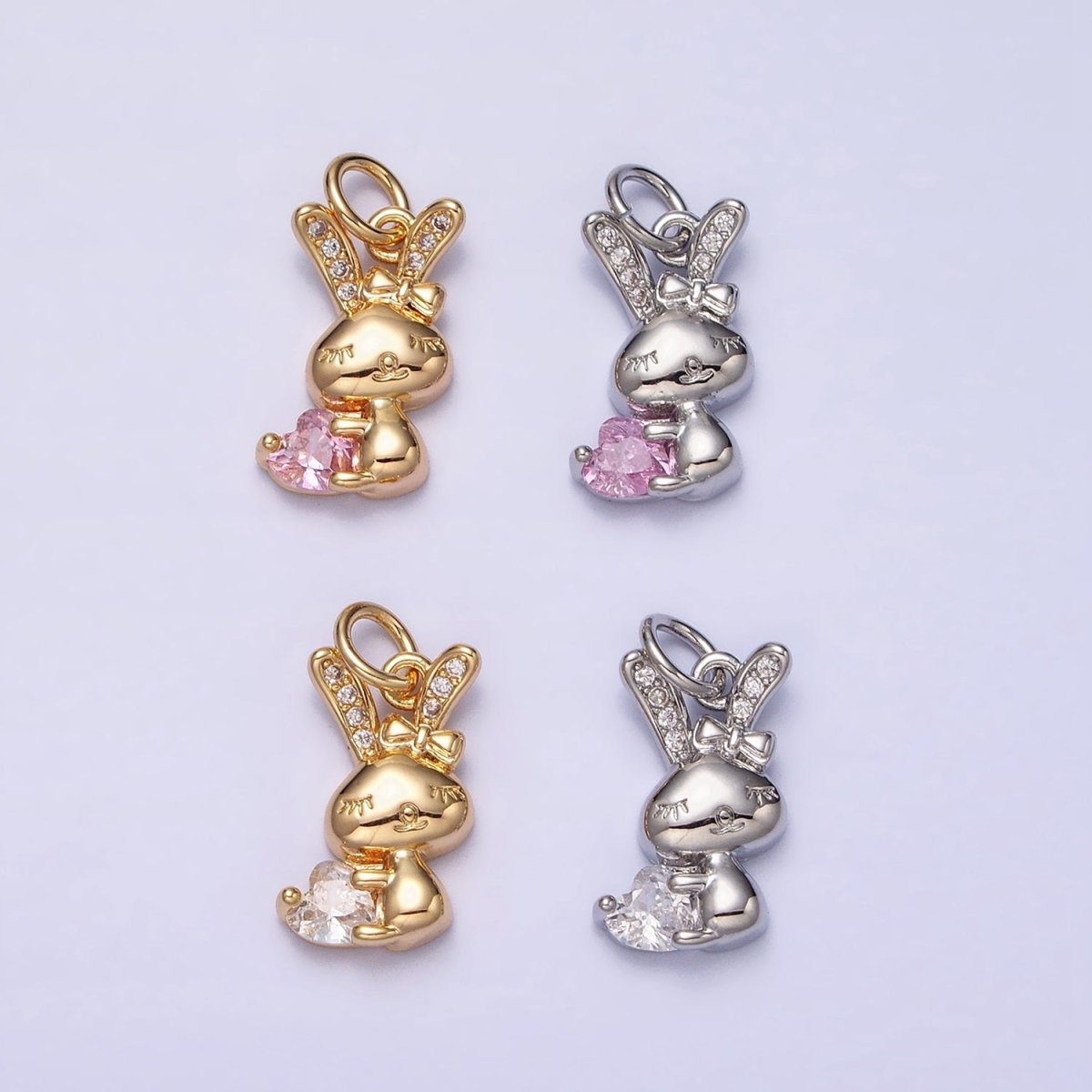 16K Gold Filled Bunny Rabbit Hugging Clear, Pink Heart CZ Add-On Charm | AC1185 - AC1188