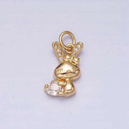 16K Gold Filled Bunny Rabbit Hugging Clear, Pink Heart CZ Add-On Charm | AC1185 - AC1188