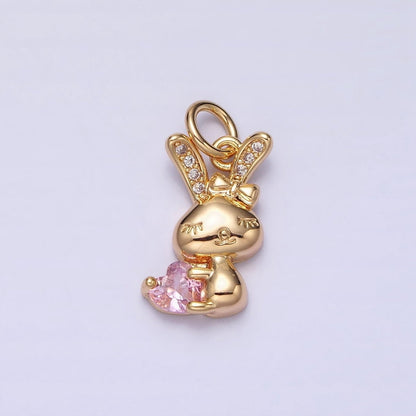 16K Gold Filled Bunny Rabbit Hugging Clear, Pink Heart CZ Add-On Charm | AC1185 - AC1188