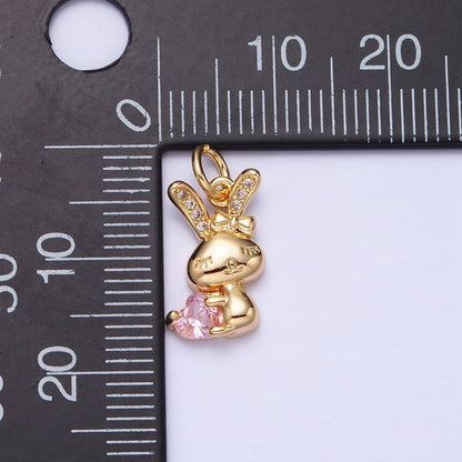 16K Gold Filled Bunny Rabbit Hugging Clear, Pink Heart CZ Add-On Charm | AC1185 - AC1188