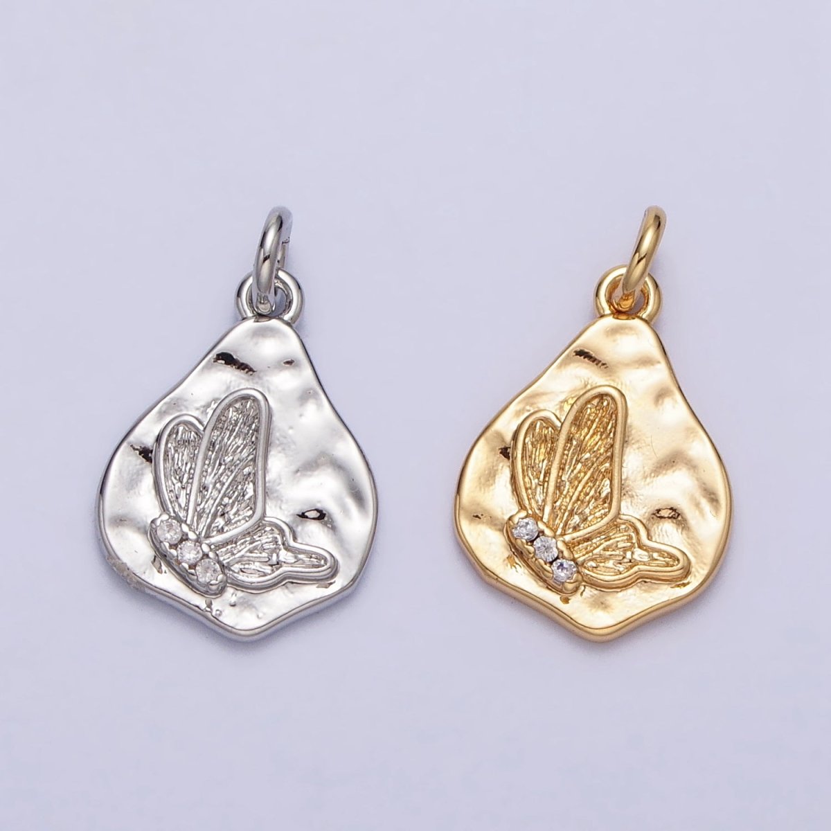 16K Gold Filled Butterfly Micro Paved CZ Abstract Hammered Charm in Gold &amp; Silver | AC296