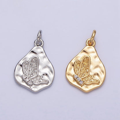 16K Gold Filled Butterfly Micro Paved CZ Abstract Hammered Charm in Gold &amp; Silver | AC296