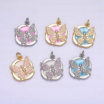 16K Gold Filled Butterfly White, Pink, Blue Sparkly Enamel Round Square Charm in Gold &amp; Silver | AC1549 - AC1554