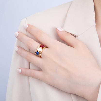 16K Gold Filled Cabochon Natural Gemstone Double Band Ring | RINGS-00062