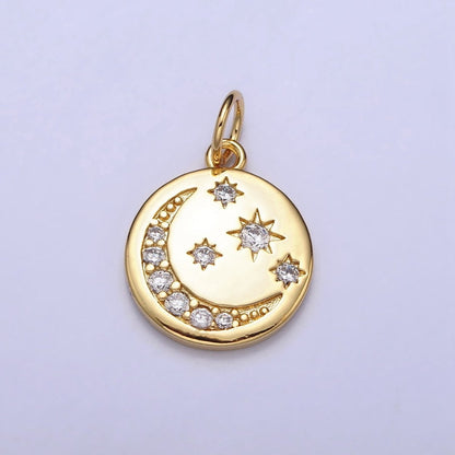 16K Gold Filled Celestial Crescent Moon Micro Paved CZ Round Charm in Gold &amp; Silver | AC1282 AC1283