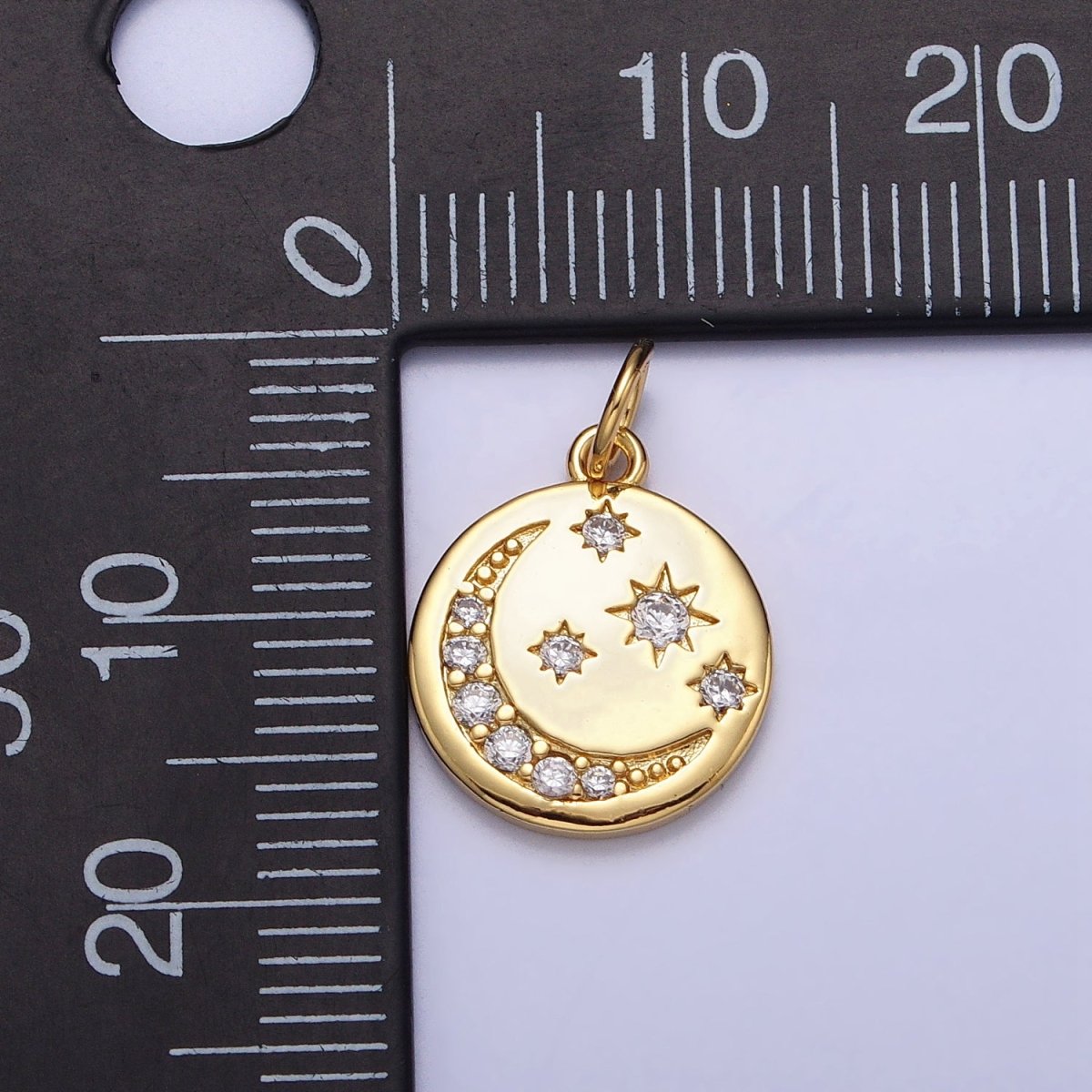 16K Gold Filled Celestial Crescent Moon Micro Paved CZ Round Charm in Gold &amp; Silver | AC1282 AC1283