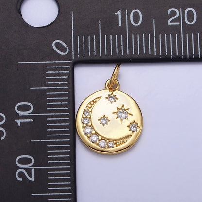 16K Gold Filled Celestial Crescent Moon Micro Paved CZ Round Charm in Gold &amp; Silver | AC1282 AC1283