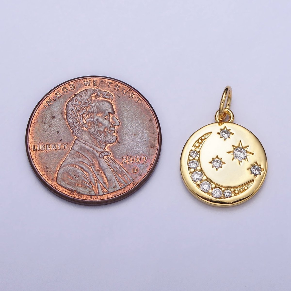 16K Gold Filled Celestial Crescent Moon Micro Paved CZ Round Charm in Gold &amp; Silver | AC1282 AC1283