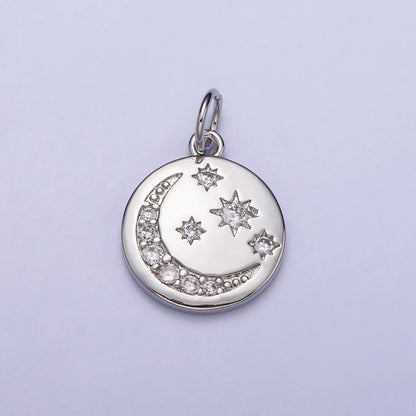 16K Gold Filled Celestial Crescent Moon Micro Paved CZ Round Charm in Gold &amp; Silver | AC1282 AC1283