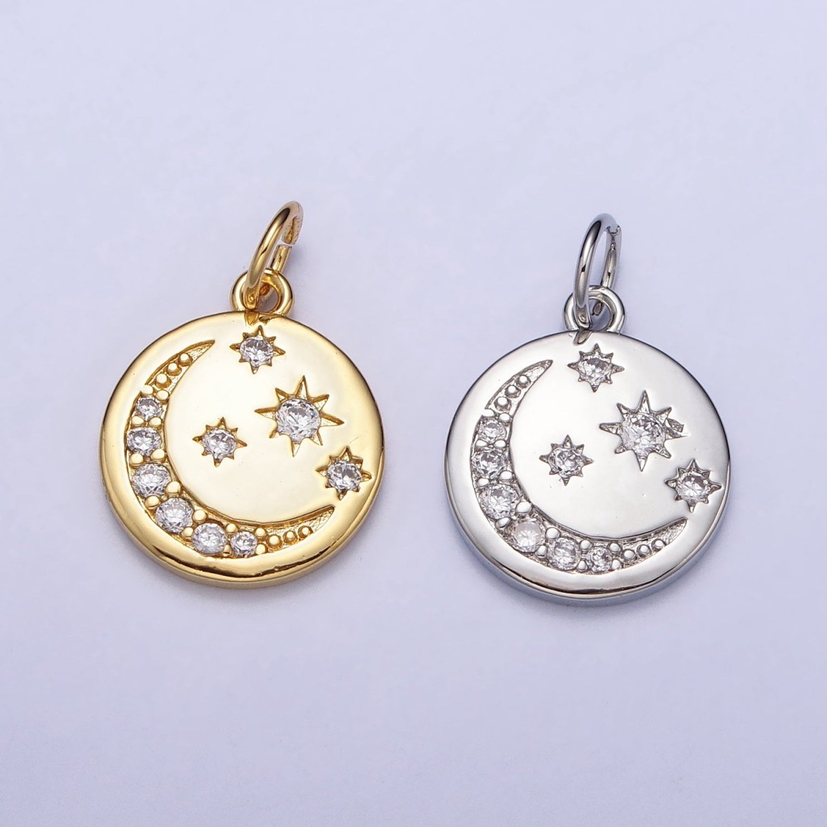 16K Gold Filled Celestial Crescent Moon Micro Paved CZ Round Charm in Gold &amp; Silver | AC1282 AC1283