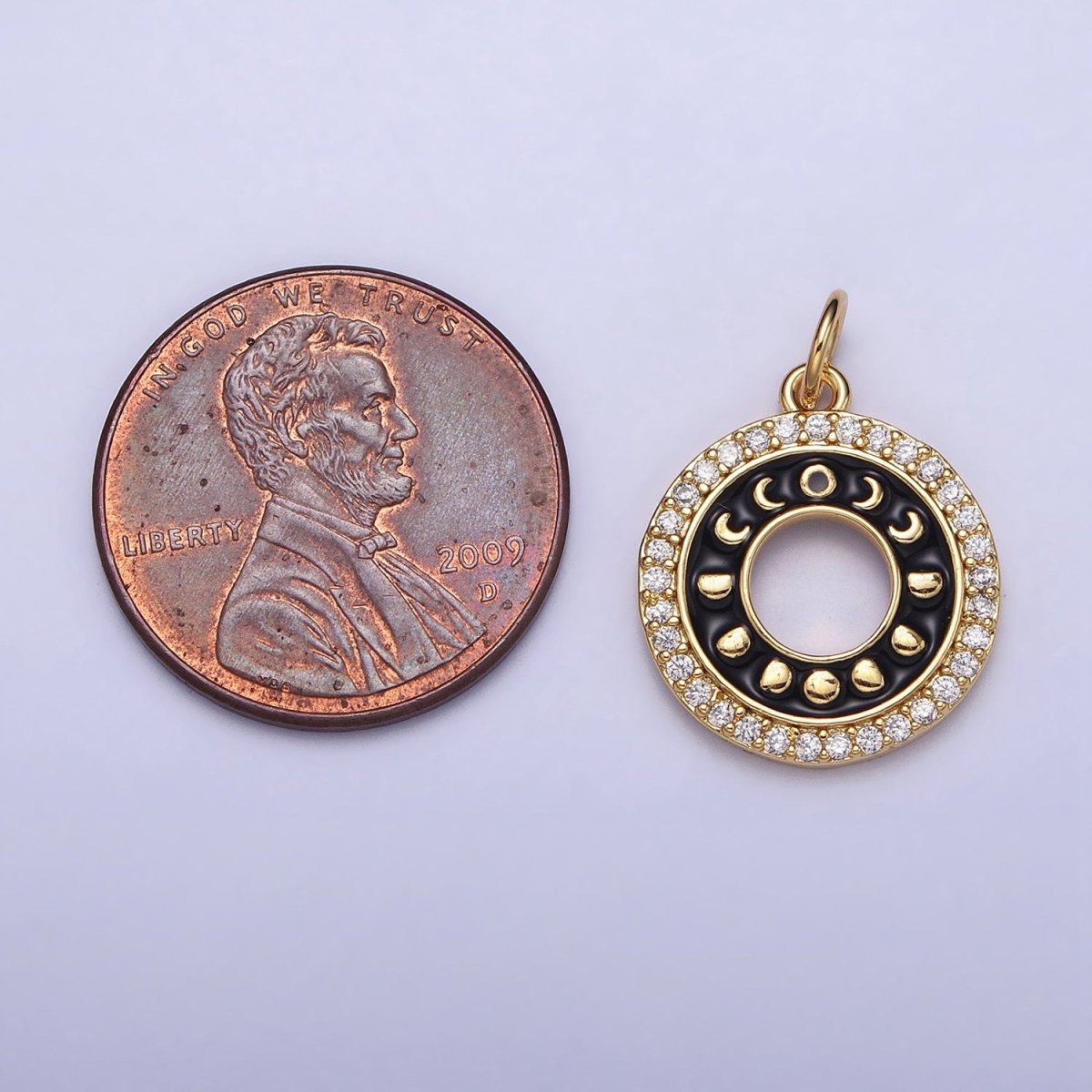 16K Gold Filled Celestial Lunar Moon Phases Black Enamel Micro Paved CZ Open Round Charm in Gold &amp; Silver | AC1264 AC1265