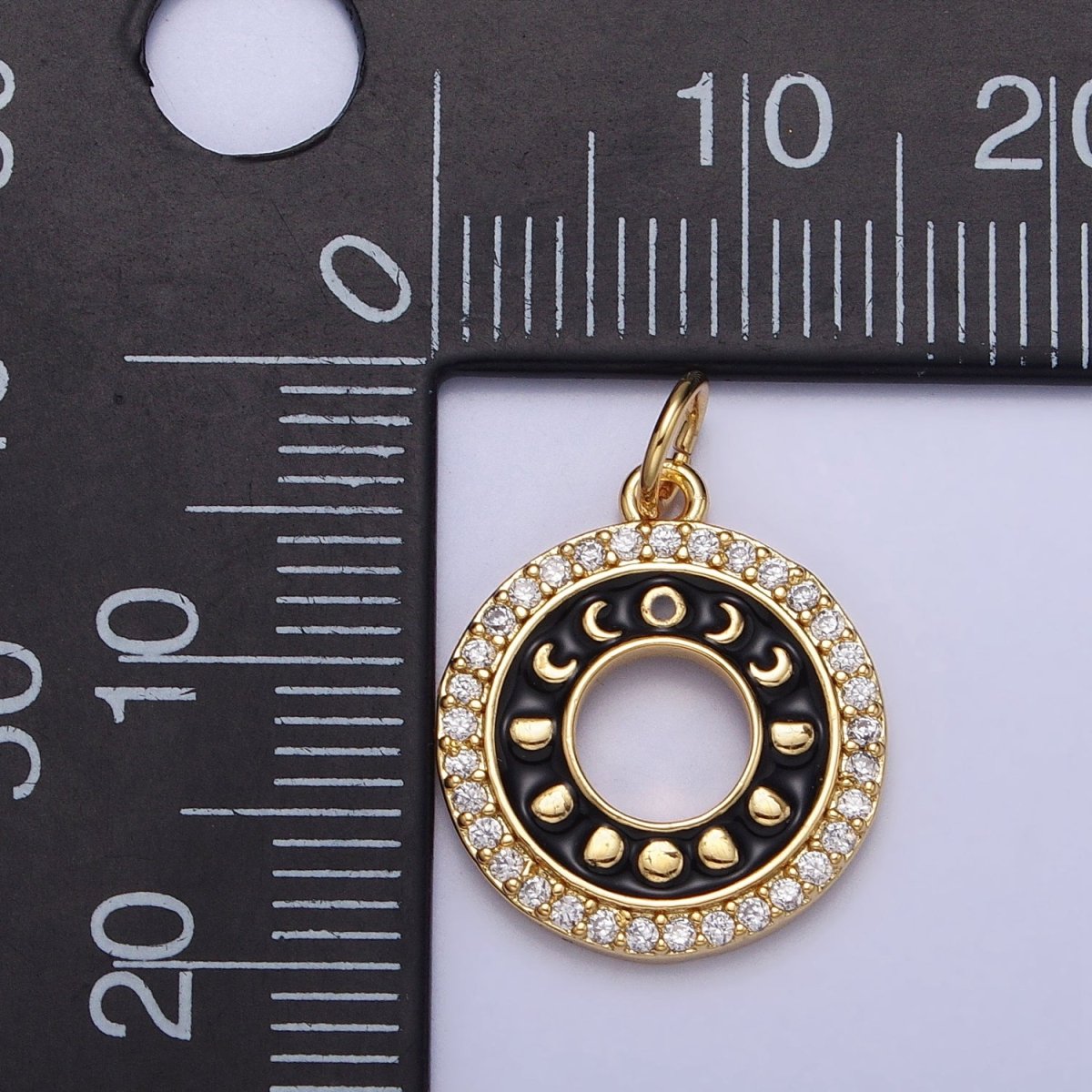 16K Gold Filled Celestial Lunar Moon Phases Black Enamel Micro Paved CZ Open Round Charm in Gold &amp; Silver | AC1264 AC1265