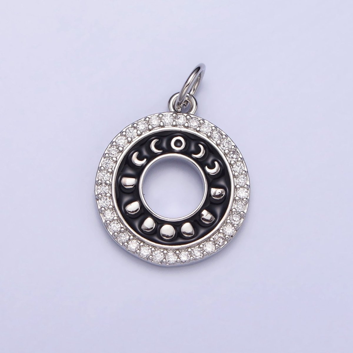 16K Gold Filled Celestial Lunar Moon Phases Black Enamel Micro Paved CZ Open Round Charm in Gold &amp; Silver | AC1264 AC1265