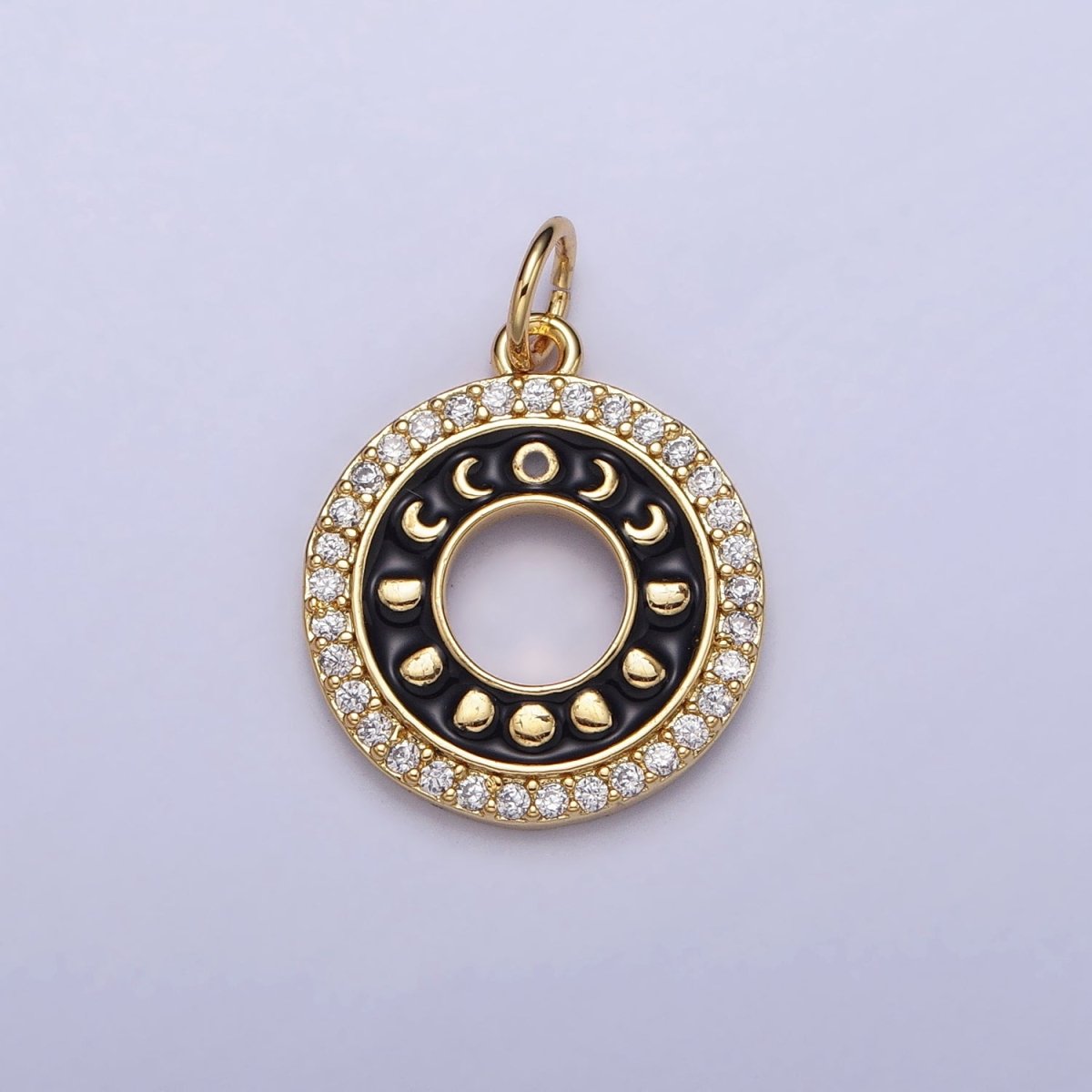 16K Gold Filled Celestial Lunar Moon Phases Black Enamel Micro Paved CZ Open Round Charm in Gold &amp; Silver | AC1264 AC1265
