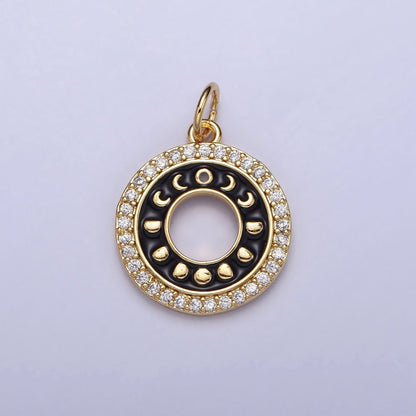 16K Gold Filled Celestial Lunar Moon Phases Black Enamel Micro Paved CZ Open Round Charm in Gold &amp; Silver | AC1264 AC1265