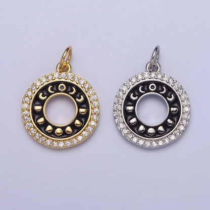 16K Gold Filled Celestial Lunar Moon Phases Black Enamel Micro Paved CZ Open Round Charm in Gold &amp; Silver | AC1264 AC1265