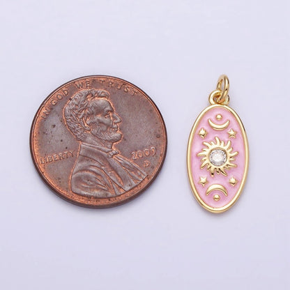 16K Gold Filled Celestial Sun Star Crescent Moon White, Blue, Pink Sparkly Enamel Oval Charm in Gold &amp; Silver | AC1336 - AC1341