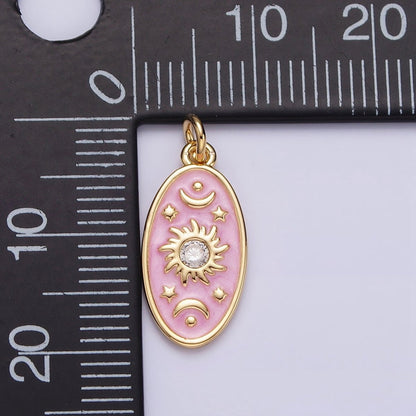 16K Gold Filled Celestial Sun Star Crescent Moon White, Blue, Pink Sparkly Enamel Oval Charm in Gold &amp; Silver | AC1336 - AC1341