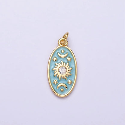 16K Gold Filled Celestial Sun Star Crescent Moon White, Blue, Pink Sparkly Enamel Oval Charm in Gold &amp; Silver | AC1336 - AC1341