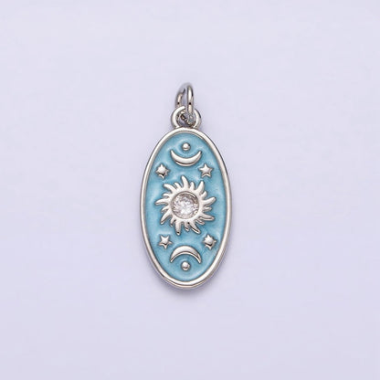 16K Gold Filled Celestial Sun Star Crescent Moon White, Blue, Pink Sparkly Enamel Oval Charm in Gold &amp; Silver | AC1336 - AC1341