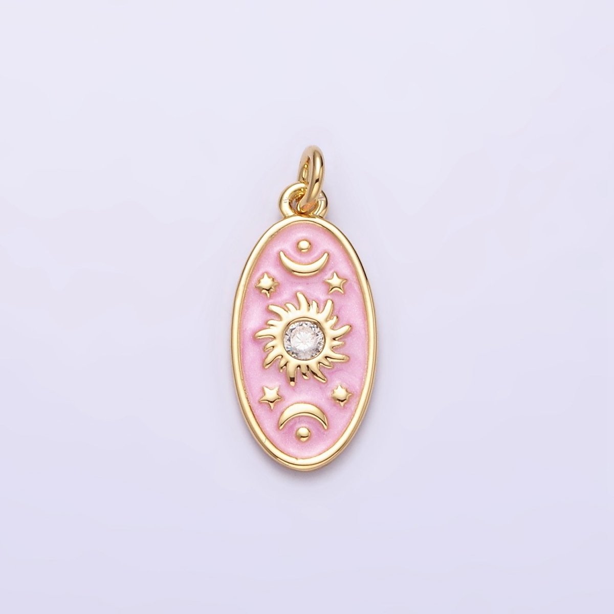 16K Gold Filled Celestial Sun Star Crescent Moon White, Blue, Pink Sparkly Enamel Oval Charm in Gold &amp; Silver | AC1336 - AC1341