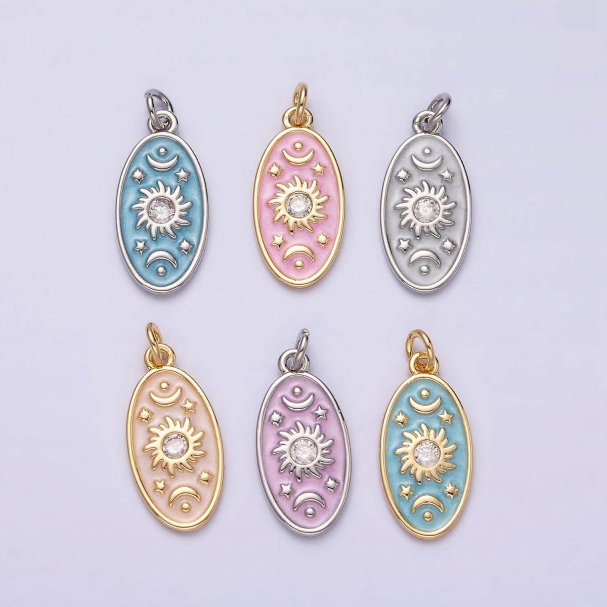 16K Gold Filled Celestial Sun Star Crescent Moon White, Blue, Pink Sparkly Enamel Oval Charm in Gold &amp; Silver | AC1336 - AC1341