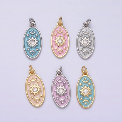 16K Gold Filled Celestial Sun Star Crescent Moon White, Blue, Pink Sparkly Enamel Oval Charm in Gold &amp; Silver | AC1336 - AC1341