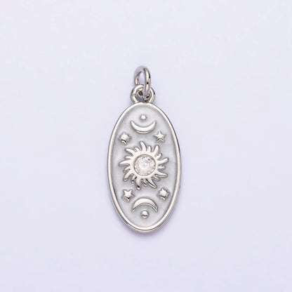 16K Gold Filled Celestial Sun Star Crescent Moon White, Blue, Pink Sparkly Enamel Oval Charm in Gold &amp; Silver | AC1336 - AC1341