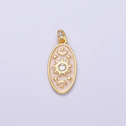 16K Gold Filled Celestial Sun Star Crescent Moon White, Blue, Pink Sparkly Enamel Oval Charm in Gold &amp; Silver | AC1336 - AC1341