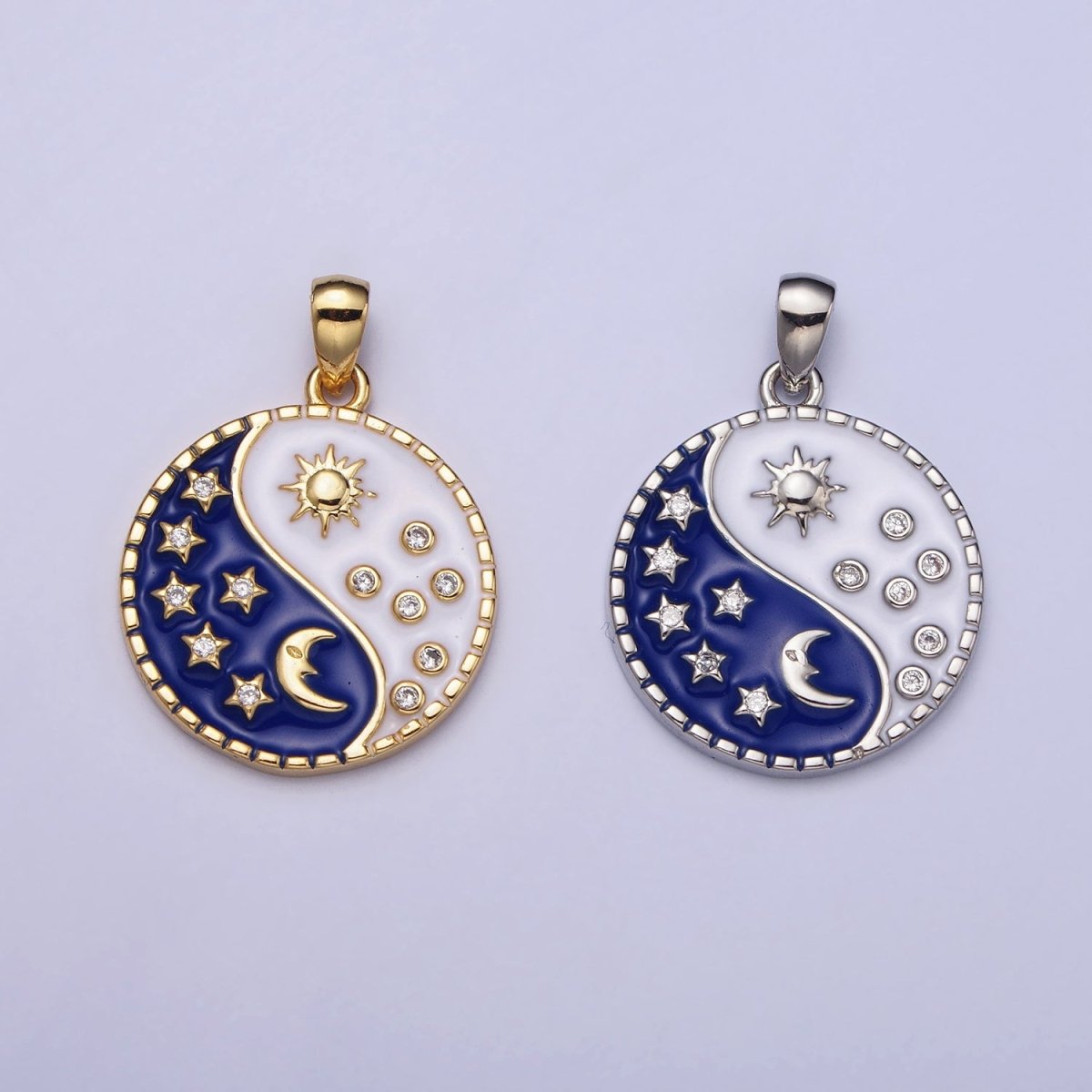 16K Gold Filled Celestial Yin Yang CZ Star White Sun Blue Moon Enamel Pendant in Gold &amp; Silver | AA533 AA534