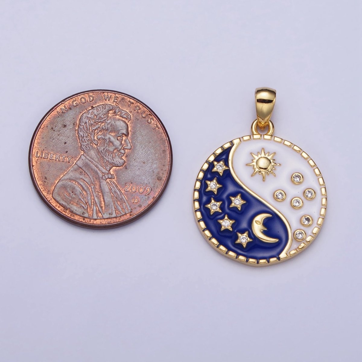 16K Gold Filled Celestial Yin Yang CZ Star White Sun Blue Moon Enamel Pendant in Gold &amp; Silver | AA533 AA534