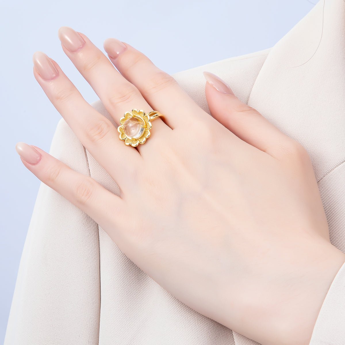 16K Gold Filled Citrine, Carnelian, Amethyst Cabochon Gemstone Flower Ring | RINGS-00088 ~ RINGS-00090