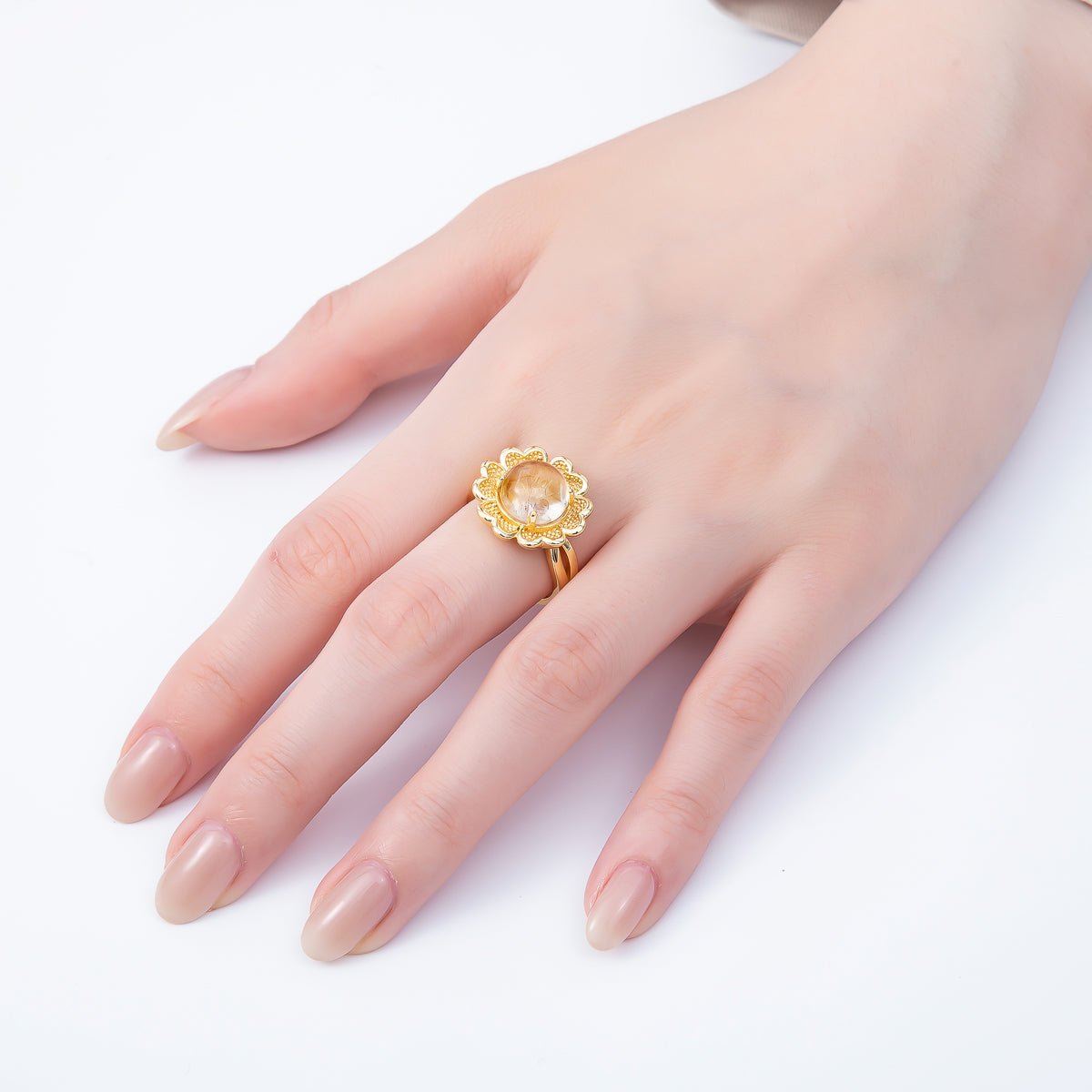 16K Gold Filled Citrine, Carnelian, Amethyst Cabochon Gemstone Flower Ring | RINGS-00088 ~ RINGS-00090