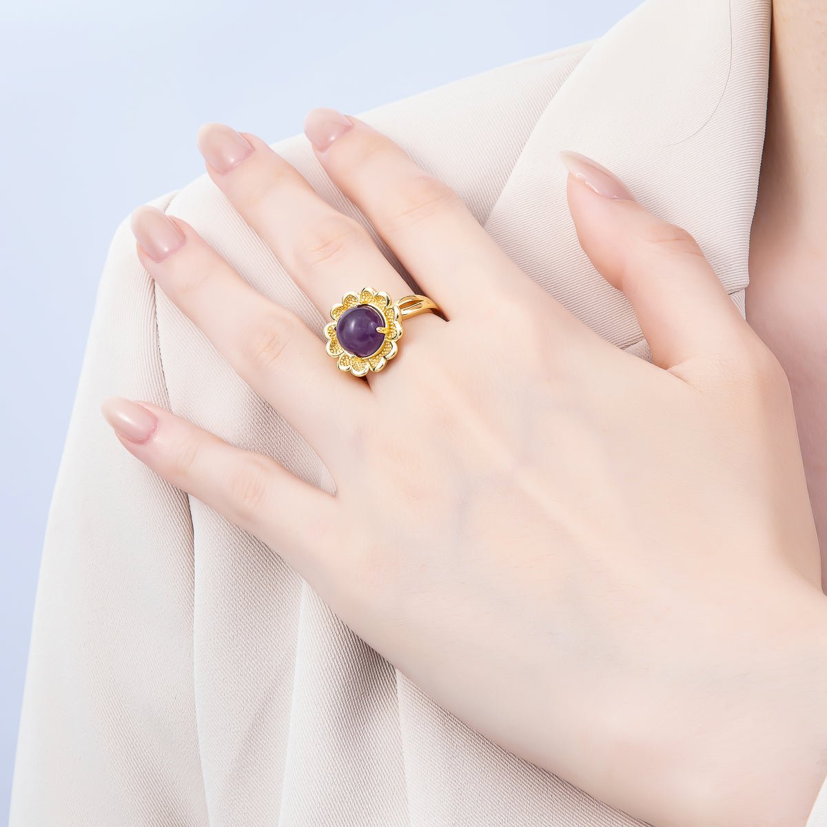 16K Gold Filled Citrine, Carnelian, Amethyst Cabochon Gemstone Flower Ring | RINGS-00088 ~ RINGS-00090