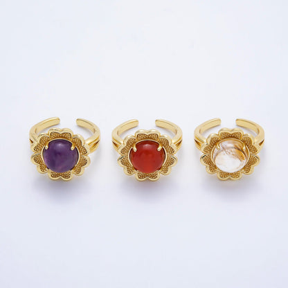 16K Gold Filled Citrine, Carnelian, Amethyst Cabochon Gemstone Flower Ring | RINGS-00088 ~ RINGS-00090