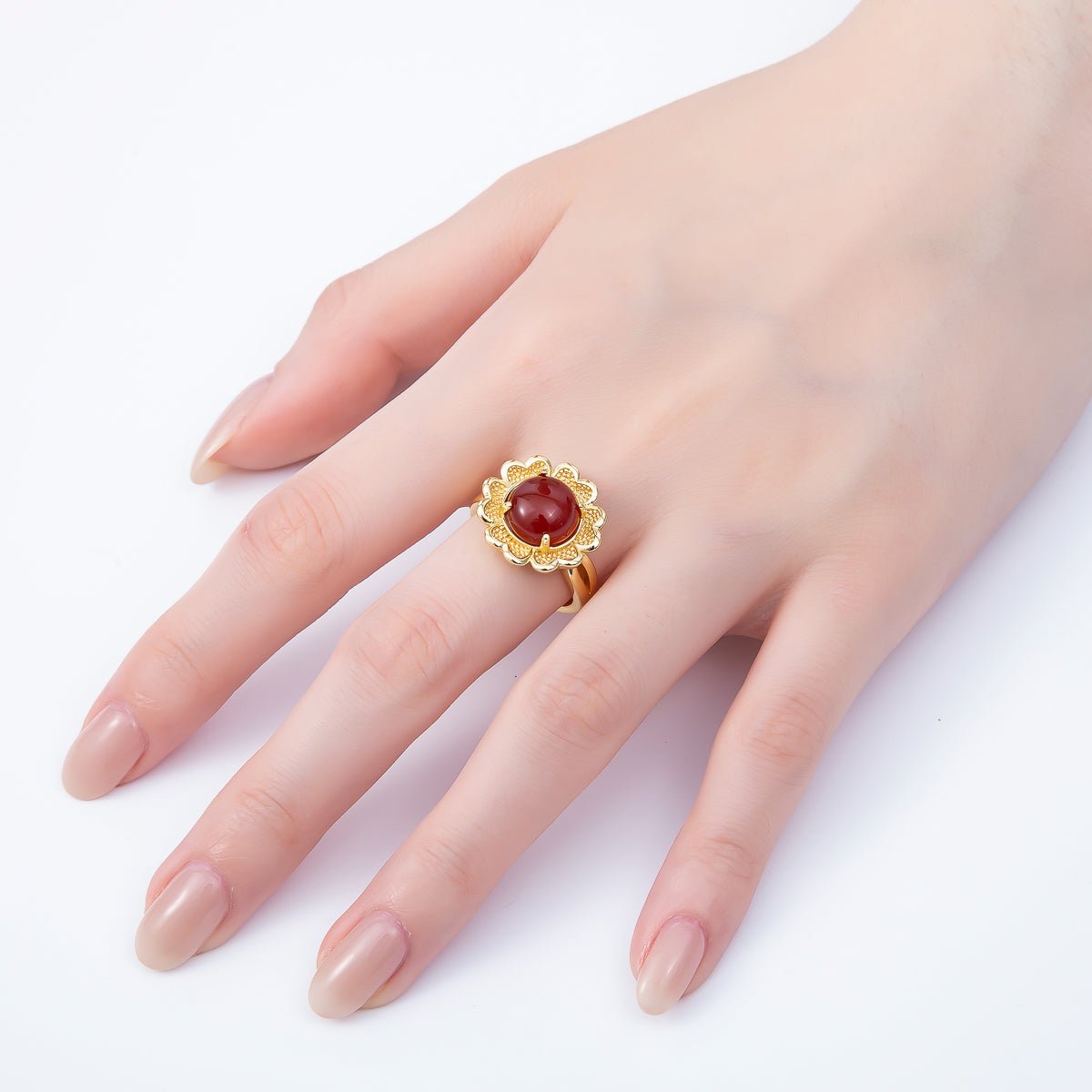 16K Gold Filled Citrine, Carnelian, Amethyst Cabochon Gemstone Flower Ring | RINGS-00088 ~ RINGS-00090
