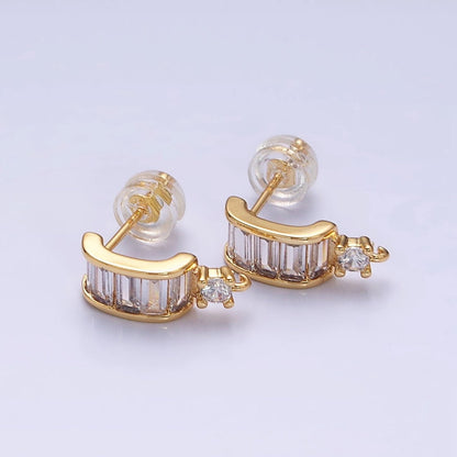 16K Gold Filled Clear Baguette Bar C-Shaped Open Loop Stud Earrings Supply in Gold &amp; Silver | Z-423 Z-424