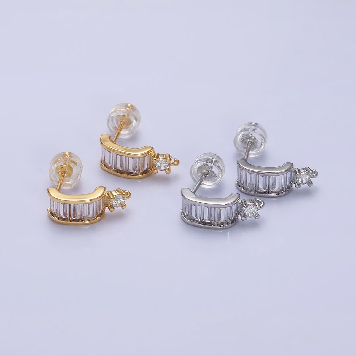 16K Gold Filled Clear Baguette Bar C-Shaped Open Loop Stud Earrings Supply in Gold &amp; Silver | Z-423 Z-424