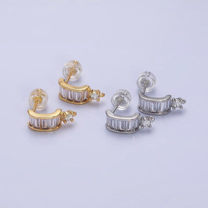 16K Gold Filled Clear Baguette Bar C-Shaped Open Loop Stud Earrings Supply in Gold &amp; Silver | Z-423 Z-424