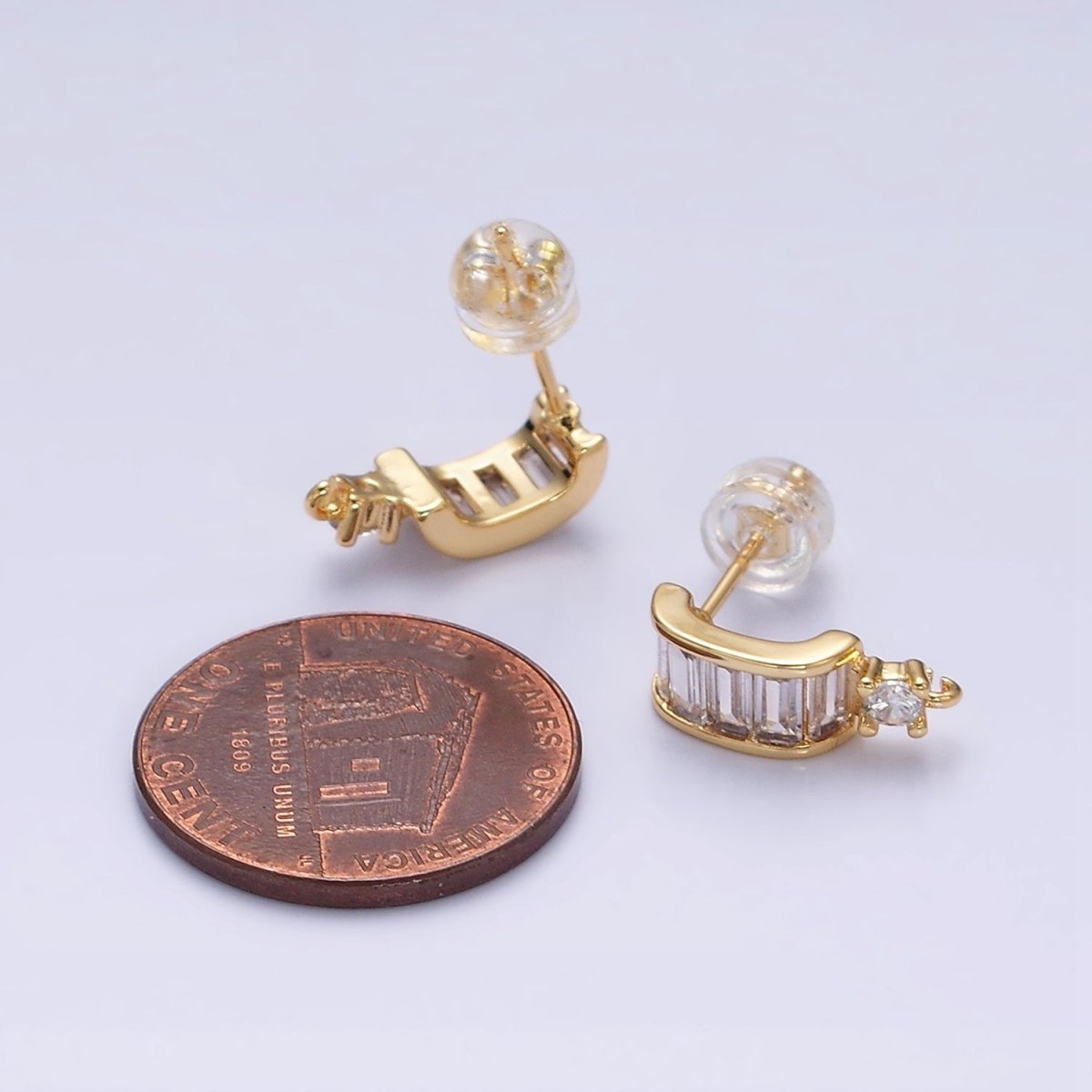 16K Gold Filled Clear Baguette Bar C-Shaped Open Loop Stud Earrings Supply in Gold &amp; Silver | Z-423 Z-424