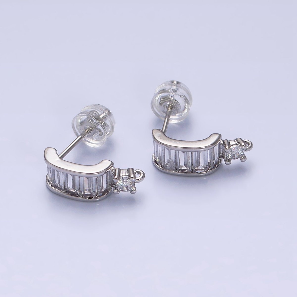 16K Gold Filled Clear Baguette Bar C-Shaped Open Loop Stud Earrings Supply in Gold &amp; Silver | Z-423 Z-424