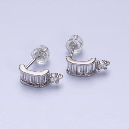 16K Gold Filled Clear Baguette Bar C-Shaped Open Loop Stud Earrings Supply in Gold &amp; Silver | Z-423 Z-424