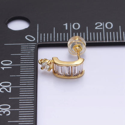 16K Gold Filled Clear Baguette Bar C-Shaped Open Loop Stud Earrings Supply in Gold &amp; Silver | Z-423 Z-424