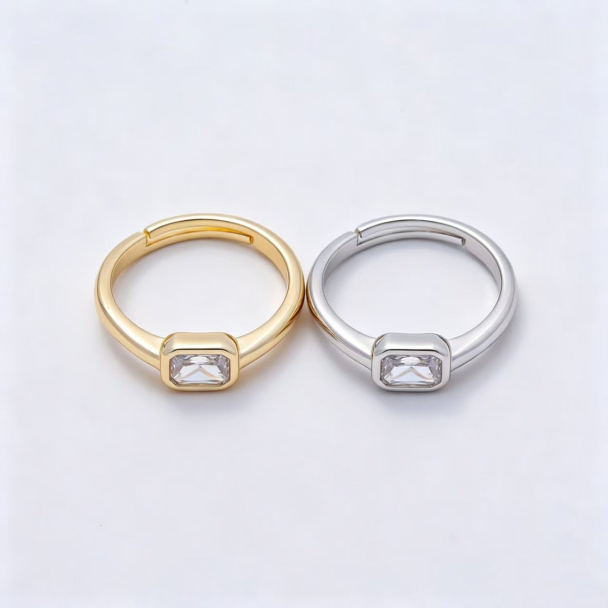 16K Gold Filled Clear Baguette CZ Bezel Solitaire Adjustable Ring in Gold &amp; Silver | Rings-00145 Rings-00146