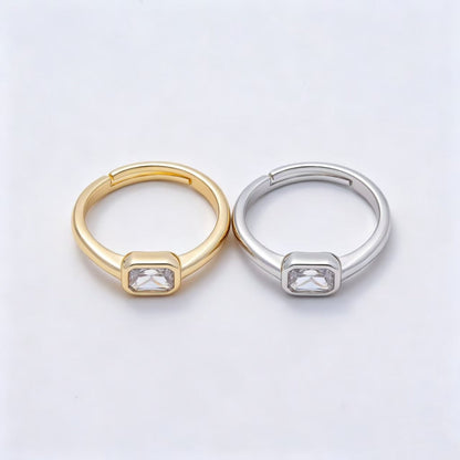 16K Gold Filled Clear Baguette CZ Bezel Solitaire Adjustable Ring in Gold &amp; Silver | Rings-00145 Rings-00146