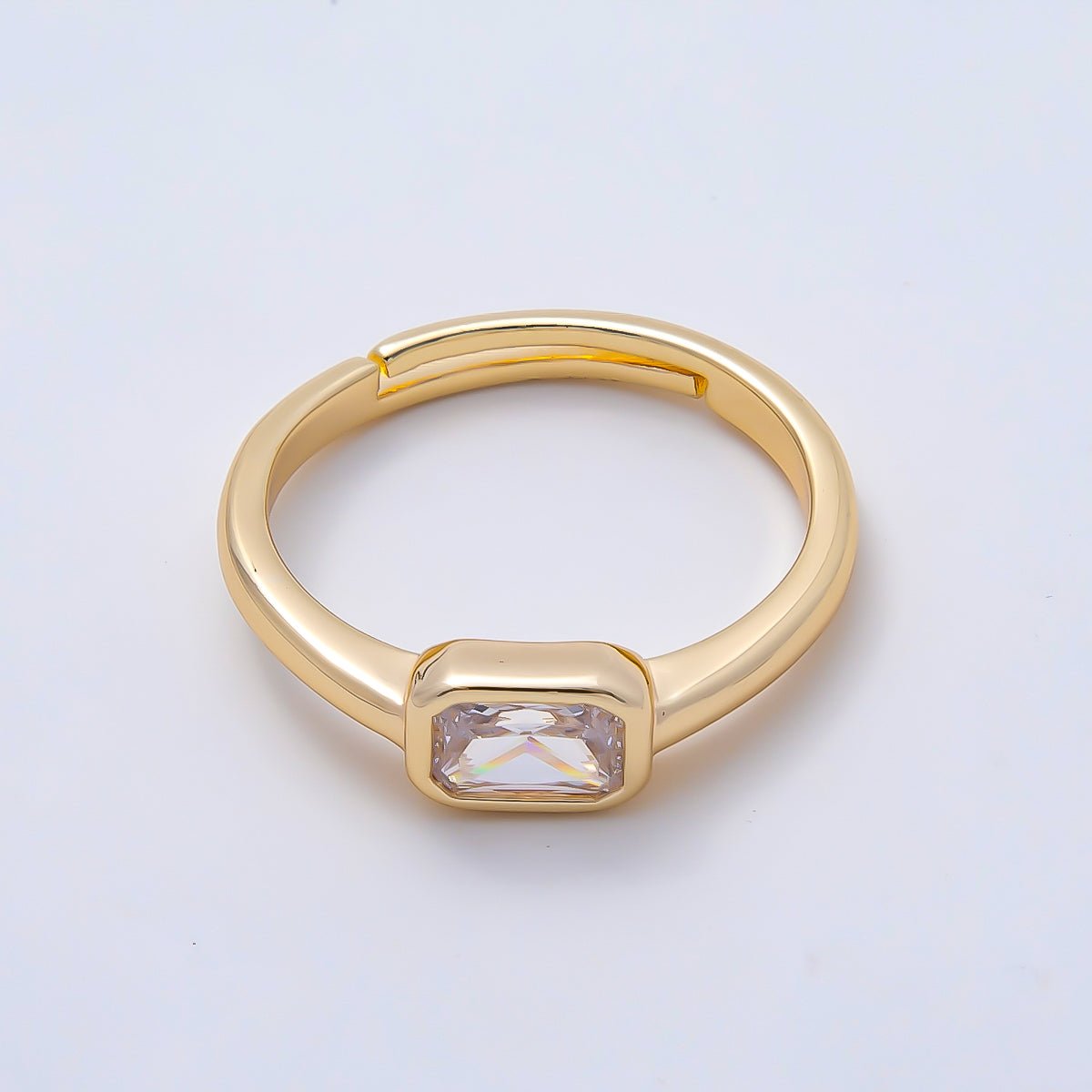 16K Gold Filled Clear Baguette CZ Bezel Solitaire Adjustable Ring in Gold &amp; Silver | Rings-00145 Rings-00146