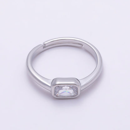 16K Gold Filled Clear Baguette CZ Bezel Solitaire Adjustable Ring in Gold &amp; Silver | Rings-00145 Rings-00146